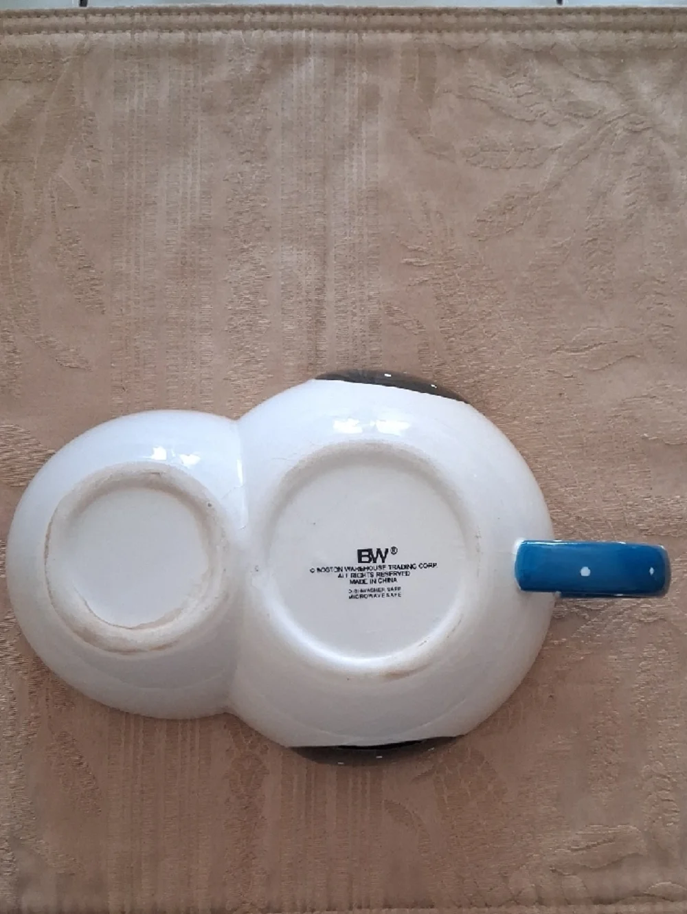 White Ceramic Double Dip Bowl with Blue Handle and Black Accent - Picture 6 of 6